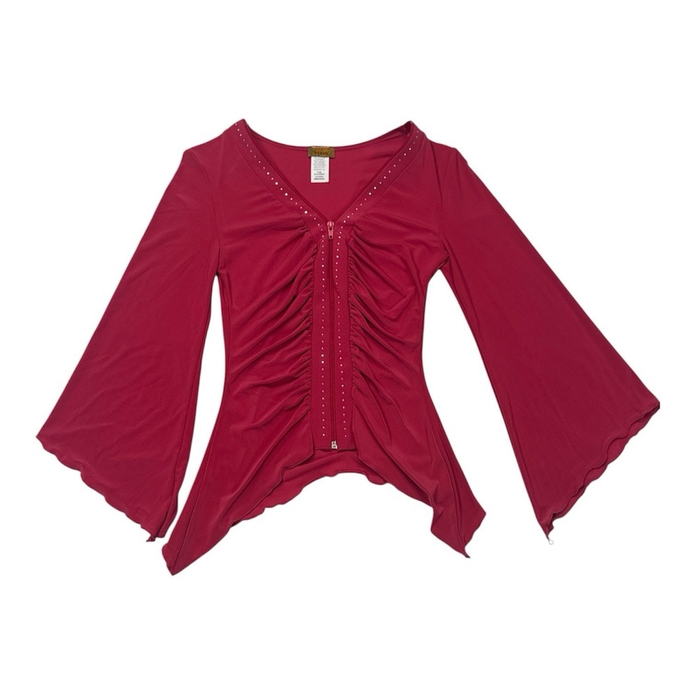 Y2K Fuchsia Pink V-Neck Tunic Shirt Blouse Top  With Bell Sleeves Size:Medium